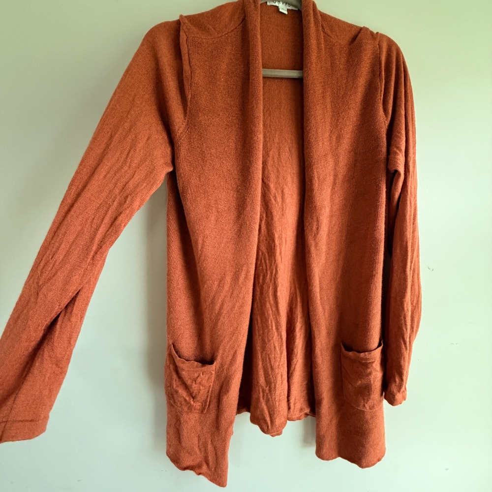 Orvis Merino Wool Cardigan Sweater Women Medium Orange Open Front Knit Minimal